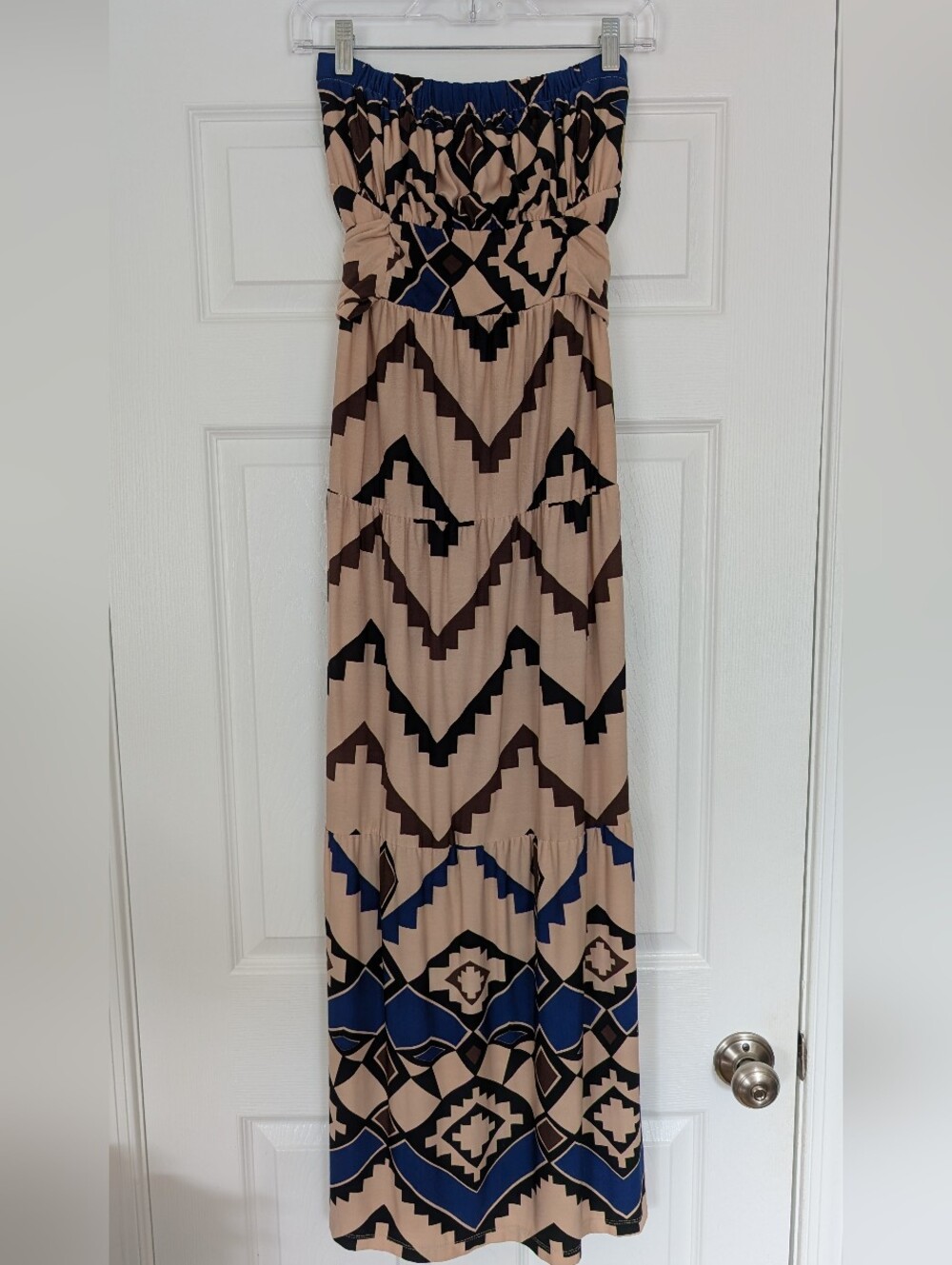 Donna Morgan Strapless Maxi Dress in Beige, Navy, and Black Tribal Print